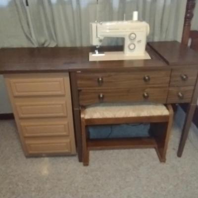 Kenmore Sewing Machine with Cabinet, Bench, and Additional Storage Drawer Stack