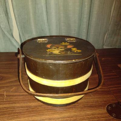 Vintage Wooden Sewing Storage Bucket with Handle- Approx 7 1/4" x 5 1/2" Tall