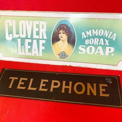 Vintage Clover Leaf Soap Sign + Telephone Sign