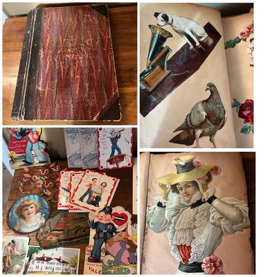 Victorian Era Scrap Book + Vintage Antique Post Cards, Valentines, Ephemera