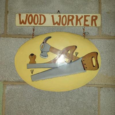 Hand Painted Wooden and Metal 'Wood Worker' Sign- Approx 12" x 14"