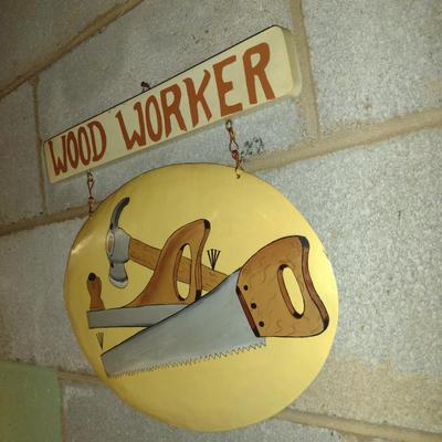 Hand Painted Wooden and Metal 'Wood Worker' Sign- Approx 12" x 14"