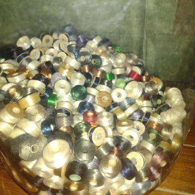 Large, Glass Demijohn Filled with Spools of Thread- Approx 20" Tall