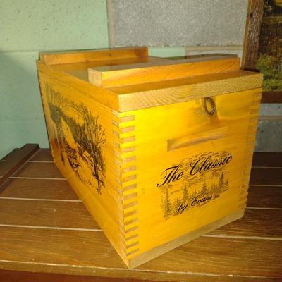 Vintage (1993) Wood Evans Dovetailed Ammunition Box with Wooded Cabin with Deer Design