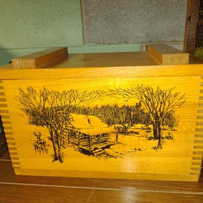Vintage (1993) Wood Evans Dovetailed Ammunition Box with Wooded Cabin with Deer Design