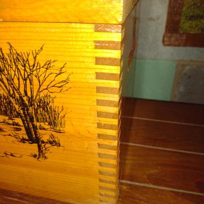 Vintage (1993) Wood Evans Dovetailed Ammunition Box with Wooded Cabin with Deer Design