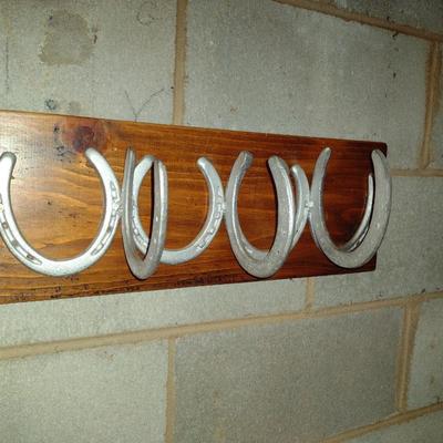 Horseshoe Design Wall Hooks on Wood- Approx 20" x 7" x 6 1/2"
