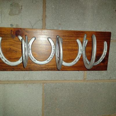 Horseshoe Design Wall Hooks on Wood- Approx 20" x 7" x 6 1/2"