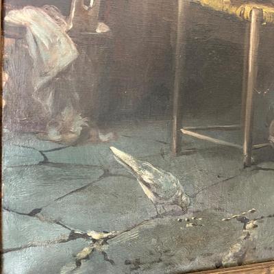 Old Framed Oil On Canvas w Corded Picture Light Signed