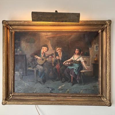 Old Framed Oil On Canvas w Corded Picture Light Signed