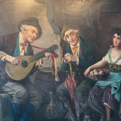 Old Framed Oil On Canvas w Corded Picture Light Signed