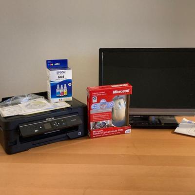 LOT 55: HP 2301 Monitor Model #3CM243038B, Epson Color Printer ET-2550 Model #C462R and Microsoft Mouse