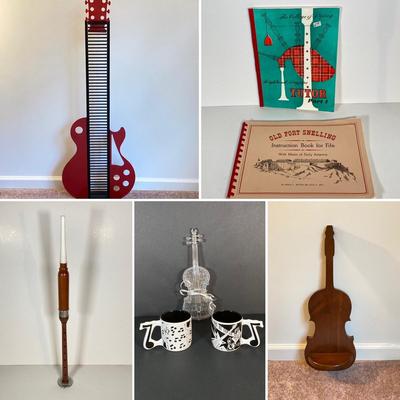 LOT 58: Guitar CD Holder / Stand, Vintage Fife Instrument with Books, Plastic Voilin Storage Box, Violin Shaped Wood Wall Display and Two...
