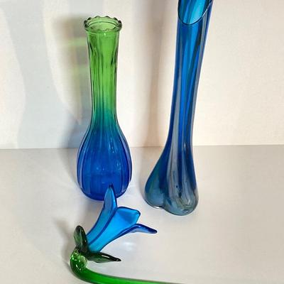 LOT 72: Gorgeous Hand Crafted Long Stemmed Art Glass Flowers and Pair of Vases