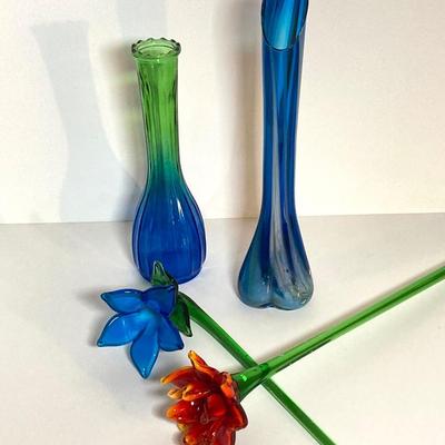LOT 72: Gorgeous Hand Crafted Long Stemmed Art Glass Flowers and Pair of Vases