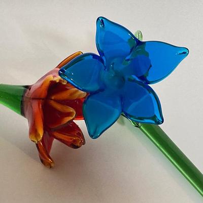 LOT 72: Gorgeous Hand Crafted Long Stemmed Art Glass Flowers and Pair of Vases