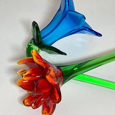 LOT 72: Gorgeous Hand Crafted Long Stemmed Art Glass Flowers and Pair of Vases