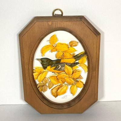 LOT 74: Collection of Hand Crafted Wood Decor - 3D Bird Wall Hanging, Cuendet Rotating Swiss Musical Bowl, Painted Stool, Carved Wall...