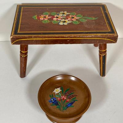 LOT 74: Collection of Hand Crafted Wood Decor - 3D Bird Wall Hanging, Cuendet Rotating Swiss Musical Bowl, Painted Stool, Carved Wall...