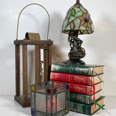 LOT 78: Vintage Candle Lantern, Stained Glass Lamp, Stained Glass Candle Holder and Collection of Hard Back Books