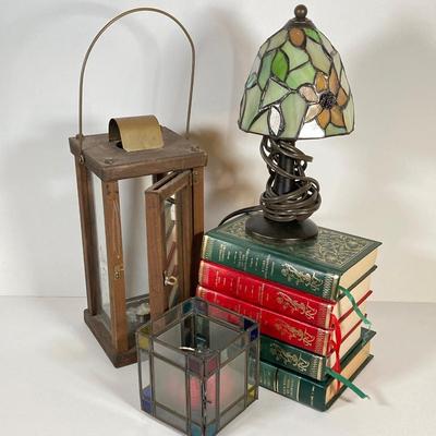 LOT 78: Vintage Candle Lantern, Stained Glass Lamp, Stained Glass Candle Holder and Collection of Hard Back Books