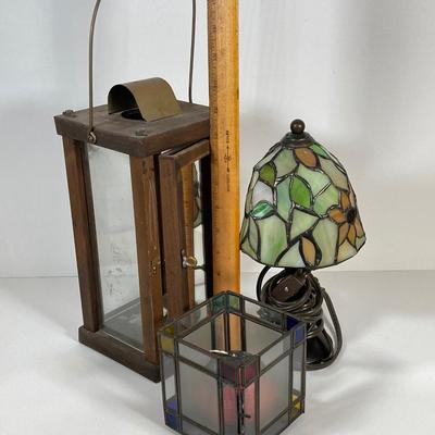 LOT 78: Vintage Candle Lantern, Stained Glass Lamp, Stained Glass Candle Holder and Collection of Hard Back Books