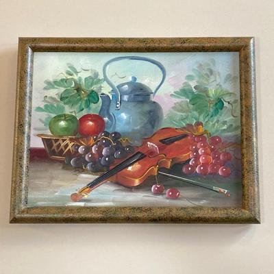 LOT 81: Vintage Still Life Wall Hanging and Pair of Violin Shaped Bottles