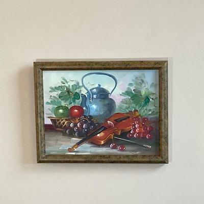 LOT 81: Vintage Still Life Wall Hanging and Pair of Violin Shaped Bottles