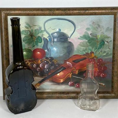 LOT 81: Vintage Still Life Wall Hanging and Pair of Violin Shaped Bottles