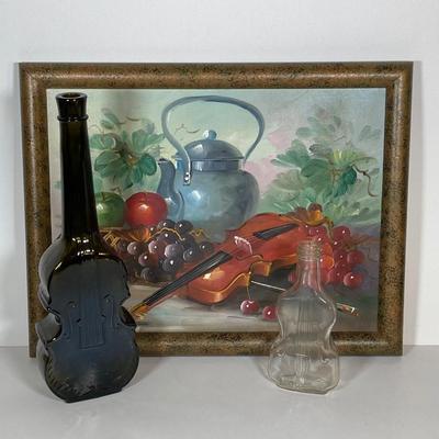 LOT 81: Vintage Still Life Wall Hanging and Pair of Violin Shaped Bottles
