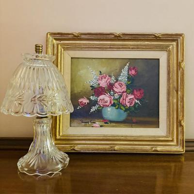 LOT 98: Signed Robert Cox Flora Still Life Painting & Crystal Night Light/Lamp