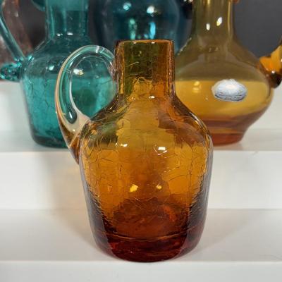 LOT 105: Vintage Rainbow Art Glass Pitchers, Viking Glass Candle Holders, Crackle Glass Pitchers