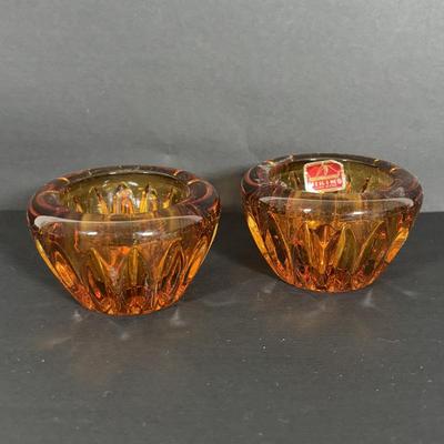 LOT 105: Vintage Rainbow Art Glass Pitchers, Viking Glass Candle Holders, Crackle Glass Pitchers