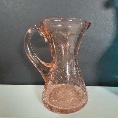 LOT 105: Vintage Rainbow Art Glass Pitchers, Viking Glass Candle Holders, Crackle Glass Pitchers