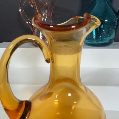 LOT 105: Vintage Rainbow Art Glass Pitchers, Viking Glass Candle Holders, Crackle Glass Pitchers