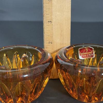 LOT 105: Vintage Rainbow Art Glass Pitchers, Viking Glass Candle Holders, Crackle Glass Pitchers