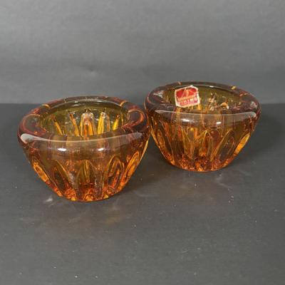 LOT 105: Vintage Rainbow Art Glass Pitchers, Viking Glass Candle Holders, Crackle Glass Pitchers