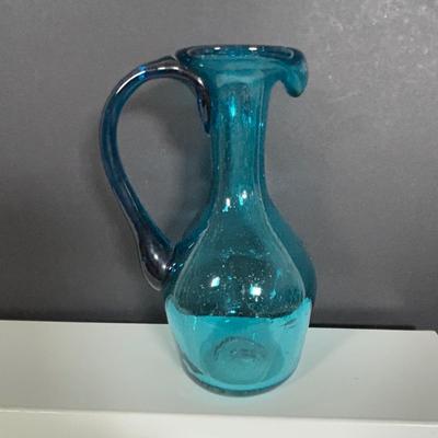 LOT 105: Vintage Rainbow Art Glass Pitchers, Viking Glass Candle Holders, Crackle Glass Pitchers