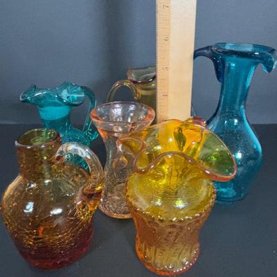 LOT 105: Vintage Rainbow Art Glass Pitchers, Viking Glass Candle Holders, Crackle Glass Pitchers