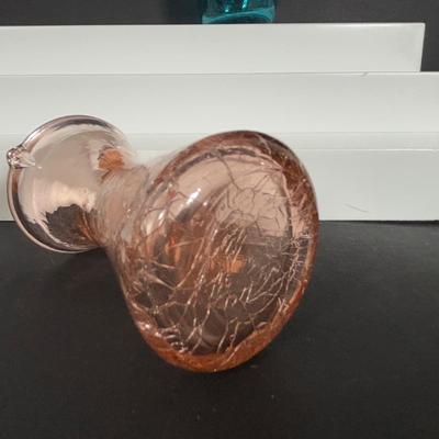 LOT 105: Vintage Rainbow Art Glass Pitchers, Viking Glass Candle Holders, Crackle Glass Pitchers