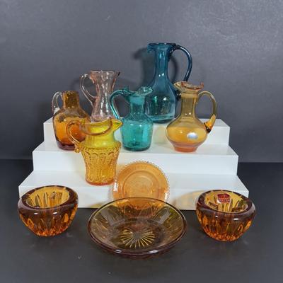 LOT 105: Vintage Rainbow Art Glass Pitchers, Viking Glass Candle Holders, Crackle Glass Pitchers