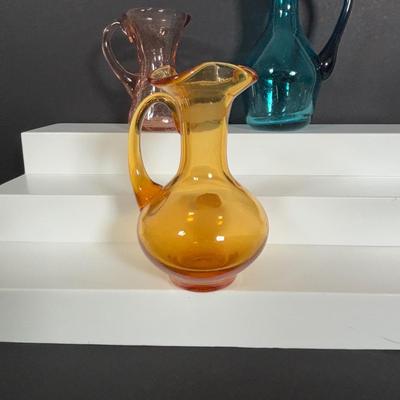LOT 105: Vintage Rainbow Art Glass Pitchers, Viking Glass Candle Holders, Crackle Glass Pitchers