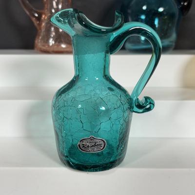 LOT 105: Vintage Rainbow Art Glass Pitchers, Viking Glass Candle Holders, Crackle Glass Pitchers