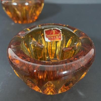 LOT 105: Vintage Rainbow Art Glass Pitchers, Viking Glass Candle Holders, Crackle Glass Pitchers