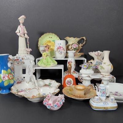 LOT 107: Lovely Collection of Knick Knacks: Limoges, Josef Originals, Galos Lady Figurine, Royal Albert, Arklow & More