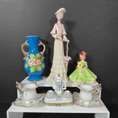 LOT 107: Lovely Collection of Knick Knacks: Limoges, Josef Originals, Galos Lady Figurine, Royal Albert, Arklow & More