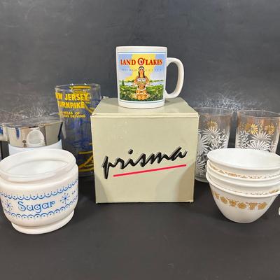 LOT 115: Frosted Prisma Glasses, Land O Lakes Mug, Mason Jars & More