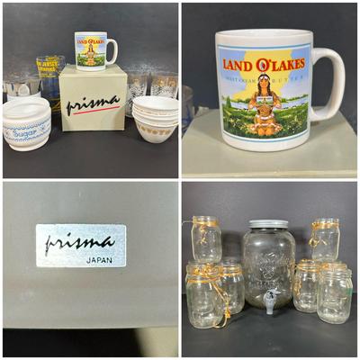 LOT 115: Frosted Prisma Glasses, Land O Lakes Mug, Mason Jars & More