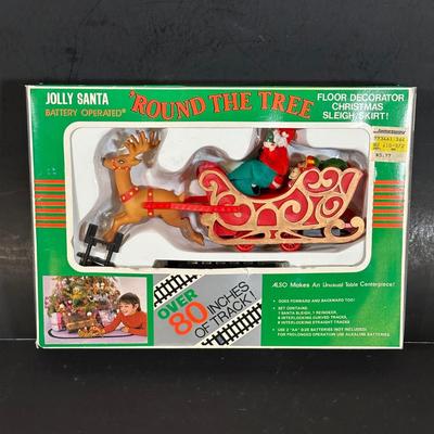 LOT 141B: Vintage Christmas Decor! Blow Molds, 10 Piece Light Set & Jolly Santa Round The Tree in Box