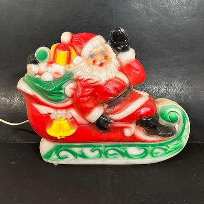 LOT 141B: Vintage Christmas Decor! Blow Molds, 10 Piece Light Set & Jolly Santa Round The Tree in Box
